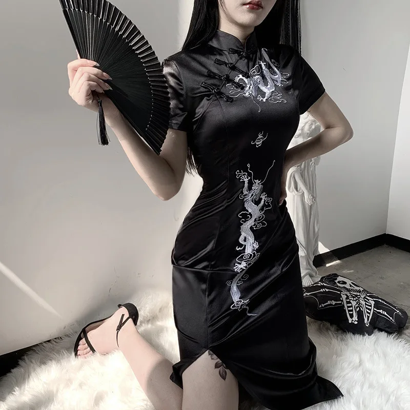 Black Cheongsam Modern Dress With Split Dragon Embroidered Maxi Dress Elegant Casual Chinese Dresses