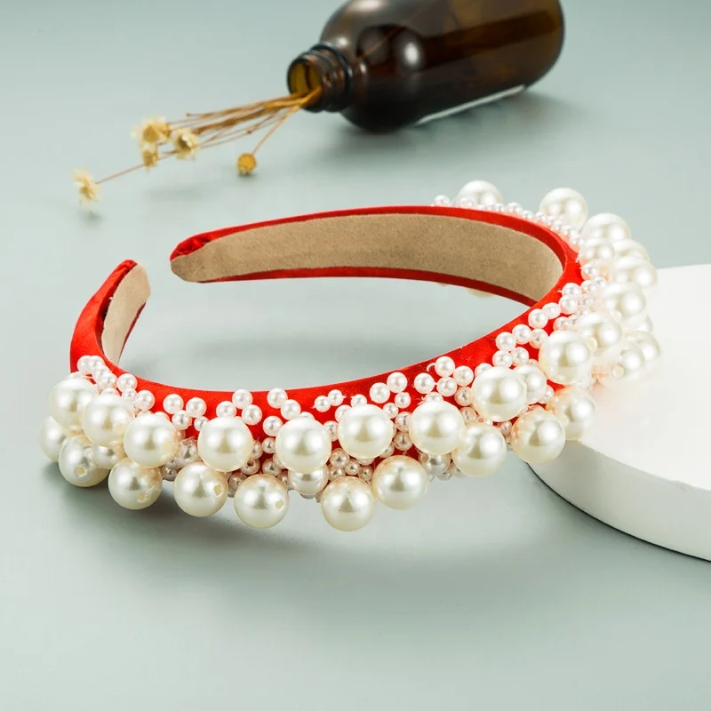 
2021 Spring Women Hair Accessories Fashion Big Pearl Headband Handmade Bride Fabric Padded Hairband for Girls 