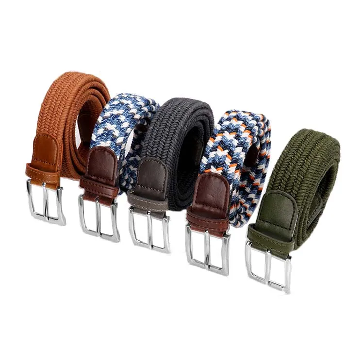Unisex 34mm Wide Luxury Leisure Zinc Alloy Pin Buckle Wax Rope Stretch Woven Golf Belt Polyester Cotton Strap for Jeans Pants