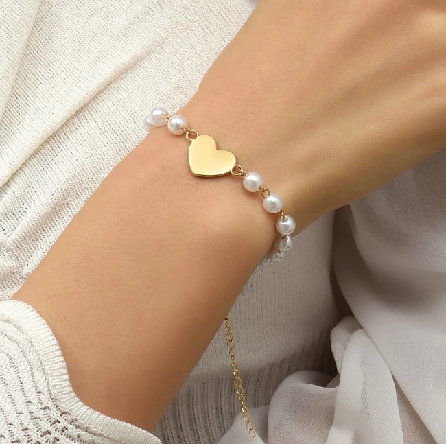 Cute Non Waterproof Alloy love Chain Imitation Pearl Bracelet Wholesale