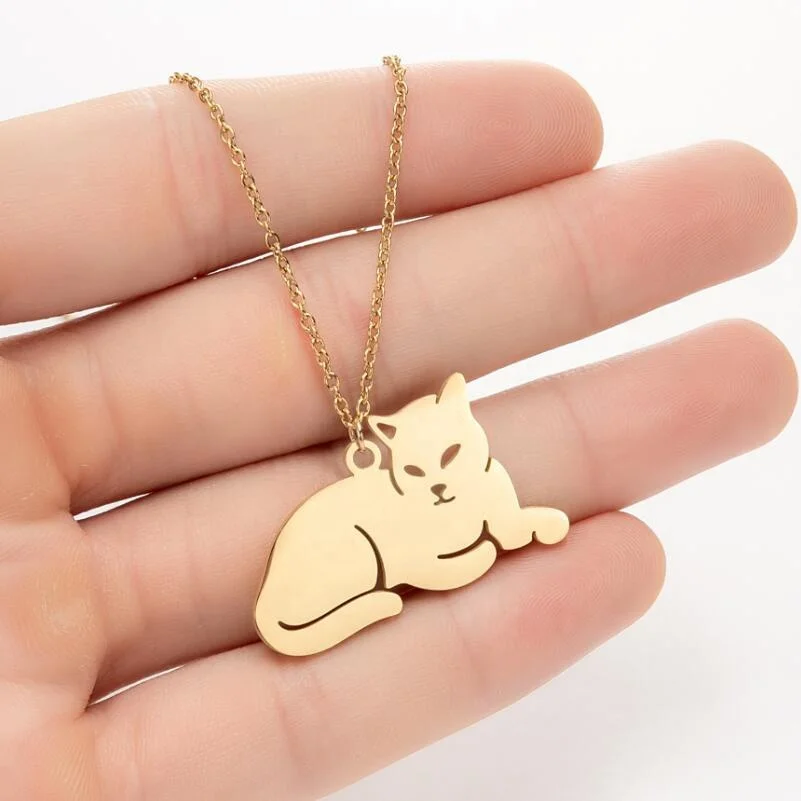 In Stock New Fashion Cute Animal Cat Necklace Women Gold Plated Necklaces Stainless Steel Jewelry
