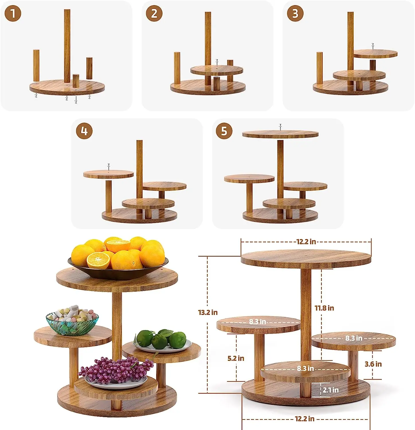 Wholesale Acacia 4 Tier Round Cupcake Tower Stand for Display,Acacia Wood Cake Stand with 4-Tiered Tray Decor for Wedding,Party