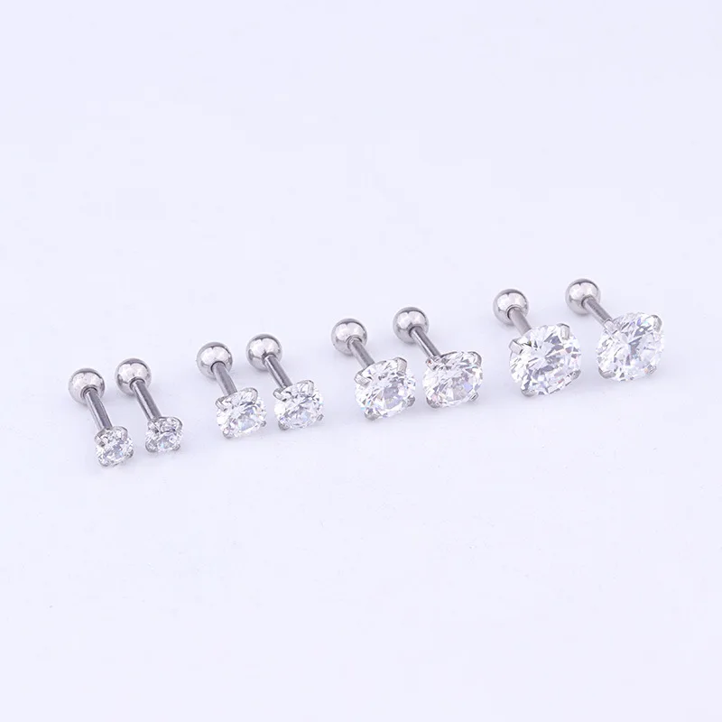 3MM-6MM 16G Stainless Steel Round CZ Stone Ear Tragus Conch Helix Cartilage Piercing Earring Back Screw Back Stud for Women
