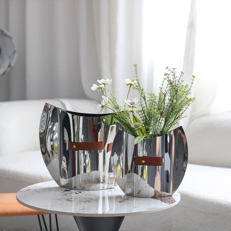 Luxury Home Room Decorative Wedding Leather Decoration Stainless Steel Metal Vase