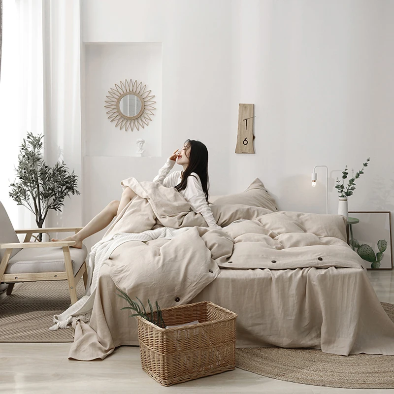 4 Pcs Linen Bedding Set Comforter Home European Style Natural Duvet Cover Bed sheet Flax Textile Quilt Bedsheets