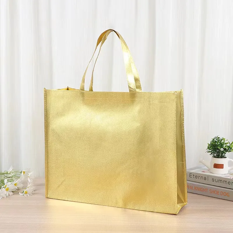 Hot sale gift pink Gold Silver sturdy laser holographic non woven clothing store shopping tote bag