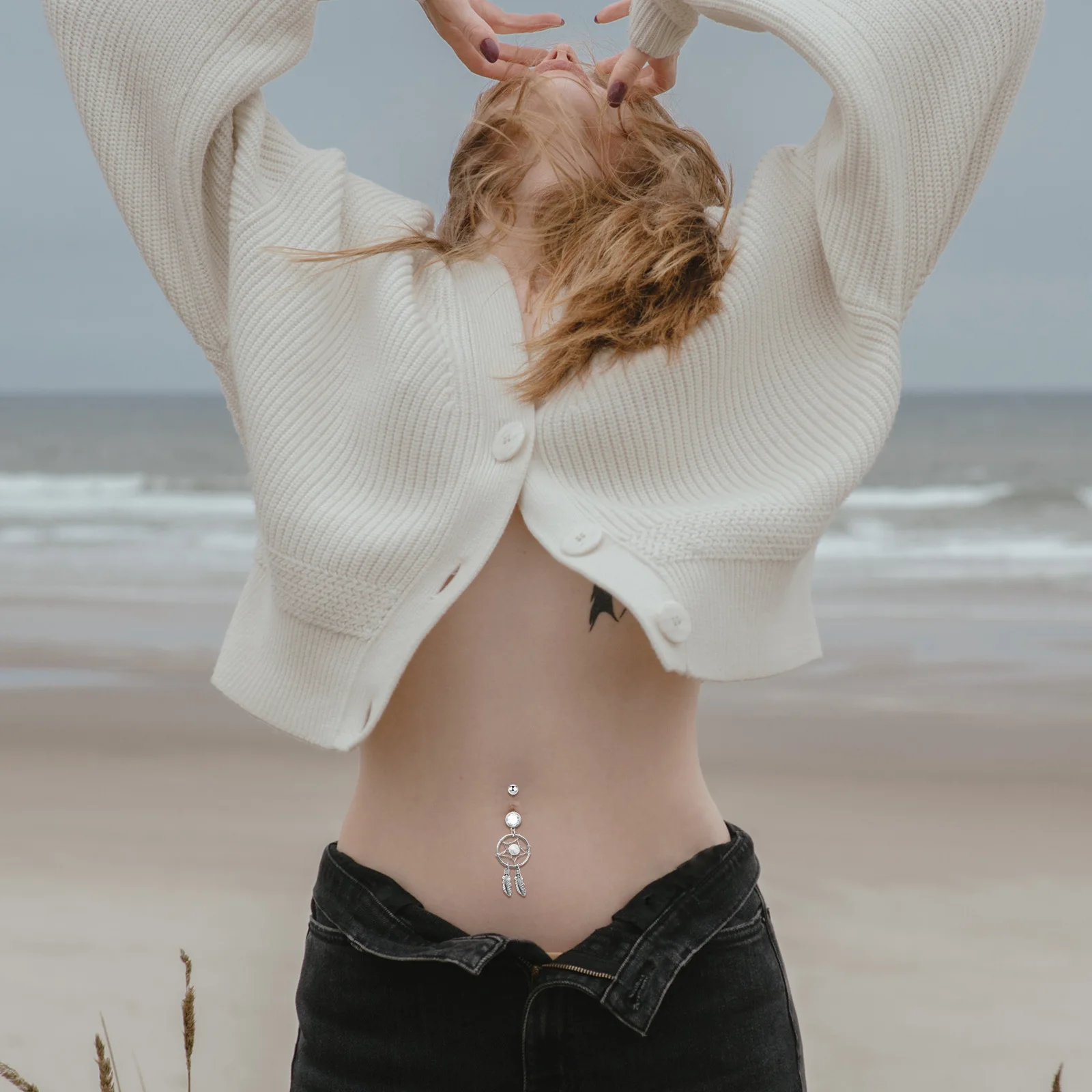 Stainless steel turquoise dream catcher navel ring button button button piercing wholesale key chain feather ethnic wind