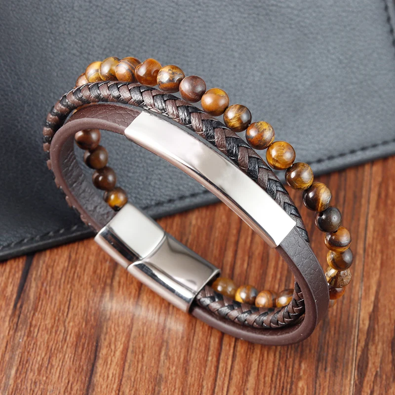Professional Jewelry Custom Wholesale Daily Wear Natural Stone Beaded Genuine leather Stainless Steel Magnetic Clasp Bracelet