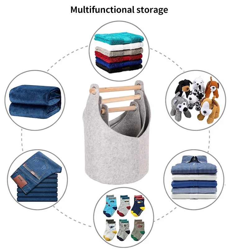 Portable Christmas Laundry Basket Wide Felt Basket with Wooden Handle for Efficient Laundry Sorting