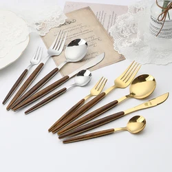 Amazon Hot Sale 5pcs Stainless Steel Metal Spoons And Forks Set With Wooden Handle