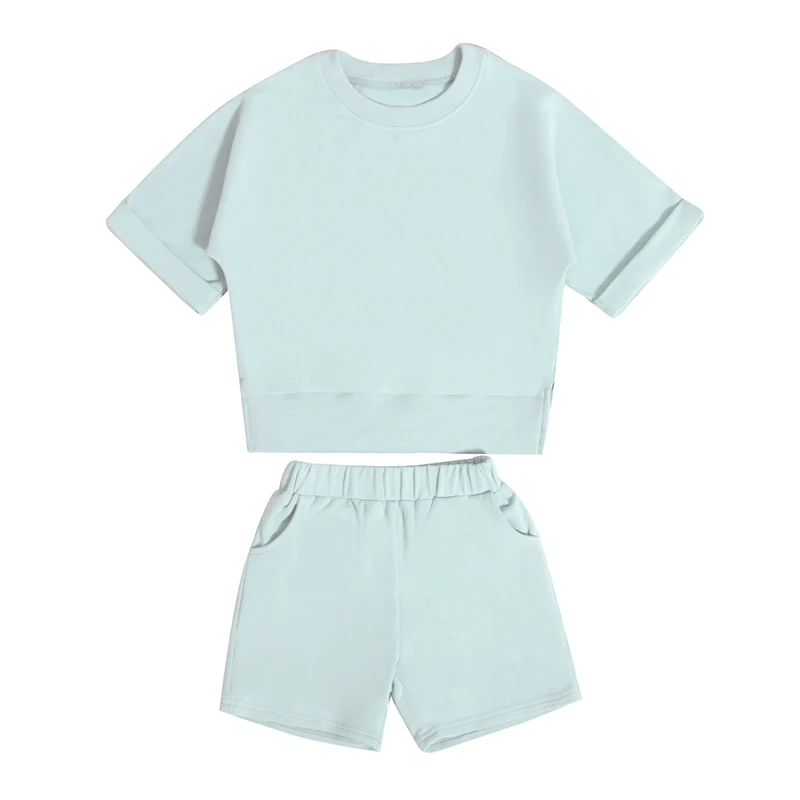China Online Sale Summer Children Sport Outfits French Terry Kids Sets Cotton Pocket Short Elastic Waistband Pants Suits