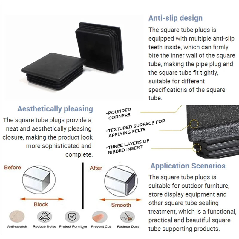 High quality ABS PP PA PVC Black Pipe Plugs Plastic End Caps Customized  Rectangular  Pipe fitting