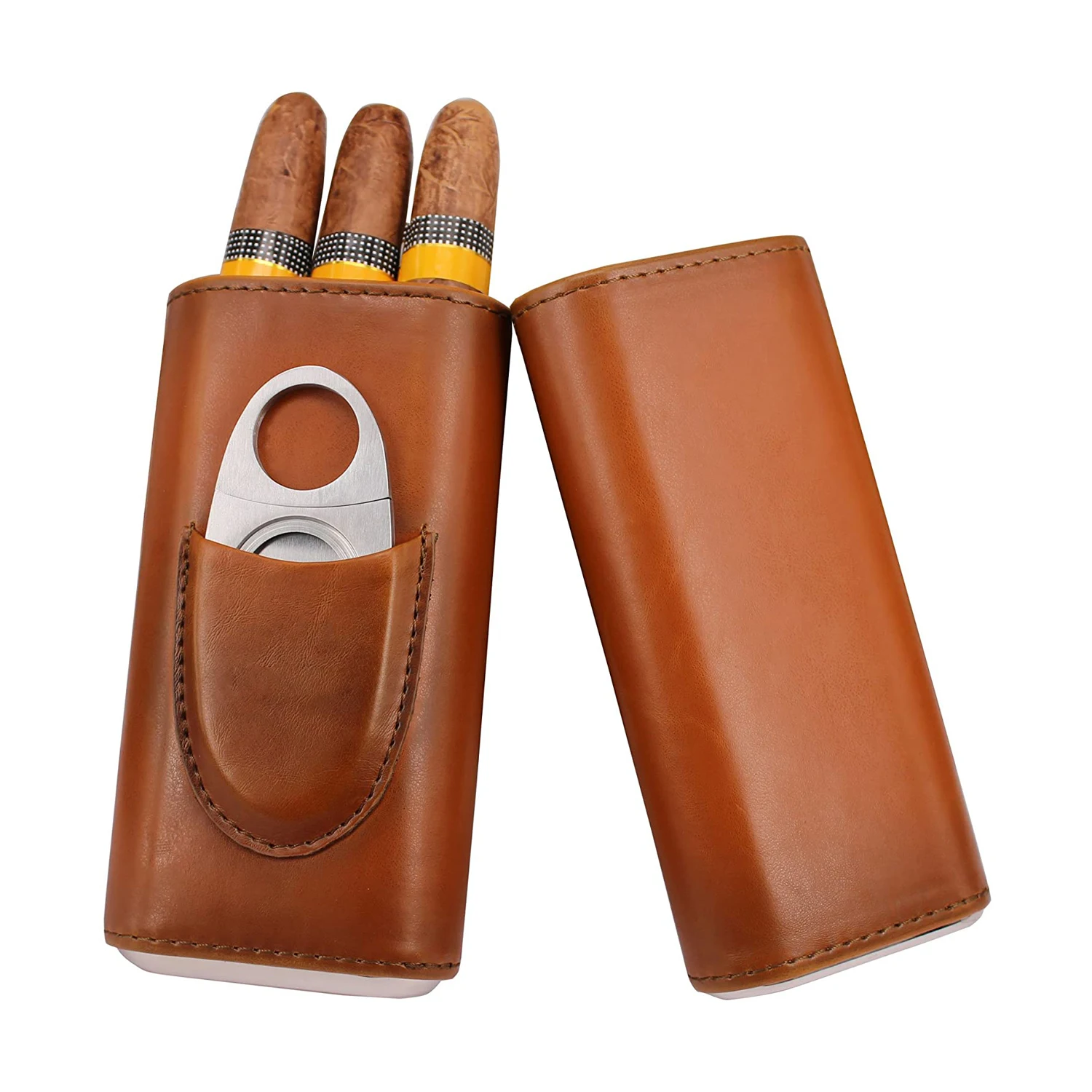 Roxyrolla Custom Portable Cigar Case Travel Leather Wiht Cigar Cutter Top Quality 3- Finger Brown Leather Cigar Case In Bulk
