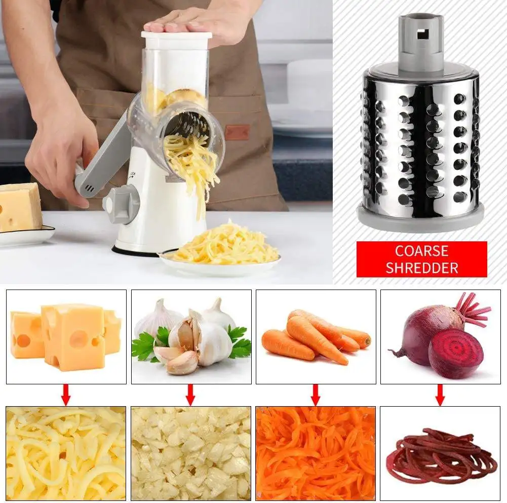 New Rotary Cheese Grater Shredder 3 Blade Drum Vegetable Slicer Potato Wavy Cutter Manual Stainless Steel With Cleaning Brush