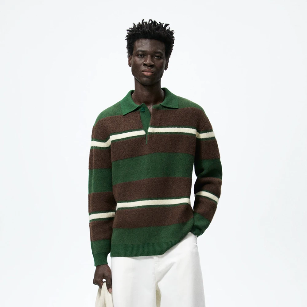 High Quality Winter Custom Casual Rib Hem Knitwear Lapel Collar Stripe Men Jacquard Polo Sweater
