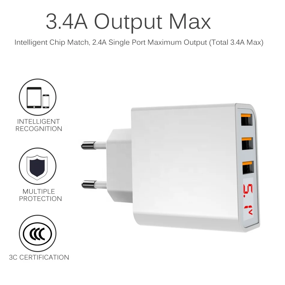 Latest Style Phone Charger Smart Digital Display Portable USB 3 Port Chargers