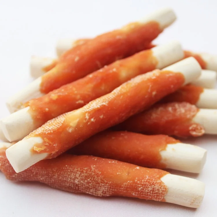 Top selling made by natural chicken meat for pet dog food of chicken jerky wrapped bleached rawhide