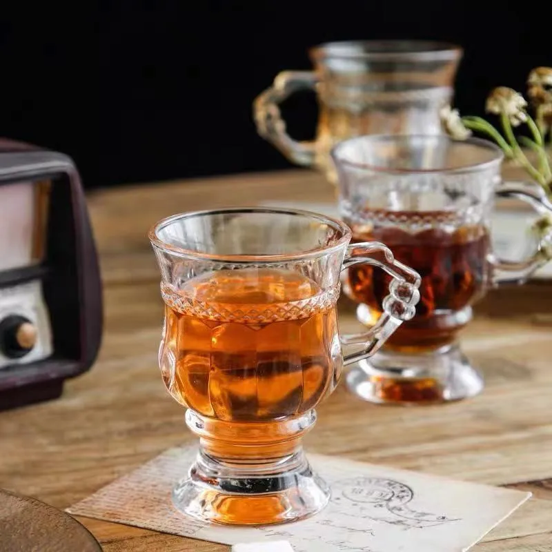 Aeofa vintage amber goblet glass cup retro tea cup champagne goblets dessert coffee cup with handle
