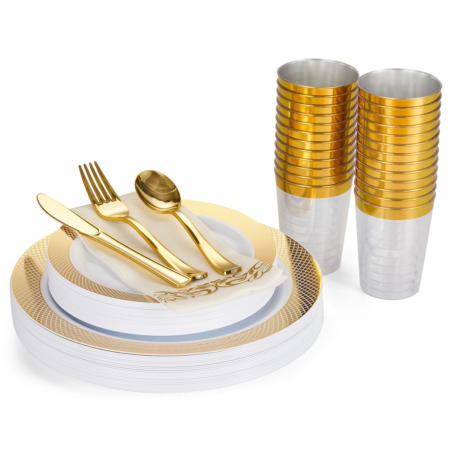 Gold white mesh pattern disposable plastic plates dinnerware set
