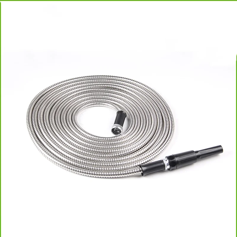 2022 new metal spiral 201 304 stainless steel hose silver garden hose with plastic adjustable nozzle