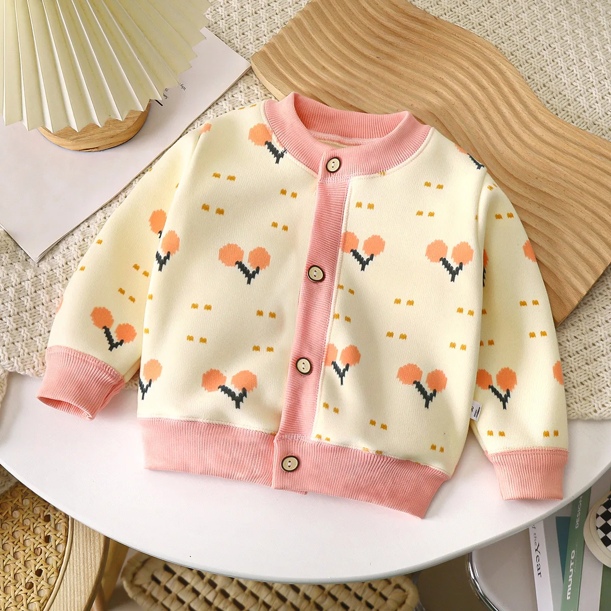 Fuyu Wholesale Baby Girl Children Digital Print Knit Long Sleeve Coat Toddler Girl Kids Button Warming Outwear