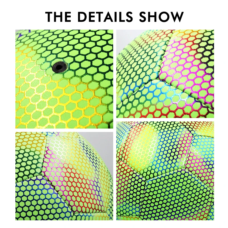 Wholesale factory  holographic Reflective glowing soccer ball glow in the dark football balls with Custom logo and size