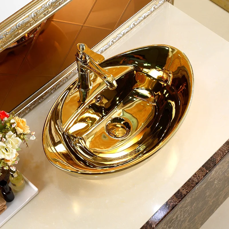 New Elegant bathroom sink ceramic gold electroplate golden wash basin