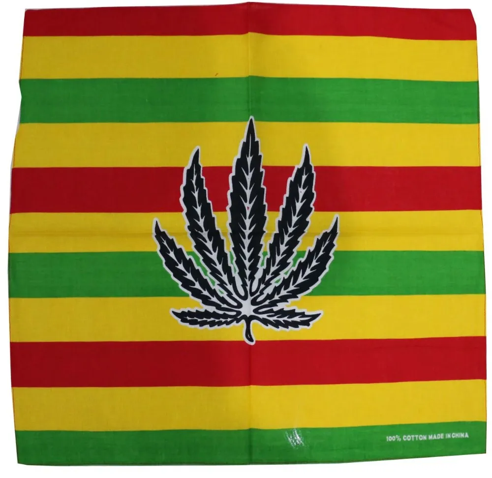 Hot Sale Hip Hop Square Scarf Reggae Jamaica custom 100% cotton Sports custom Bob Marley headwear classic Green Weed bandanas