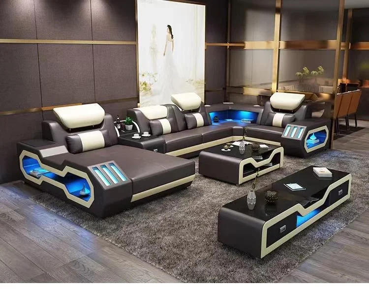 Modern black and white LED light sofa set furniture living room sectional leather sofas
