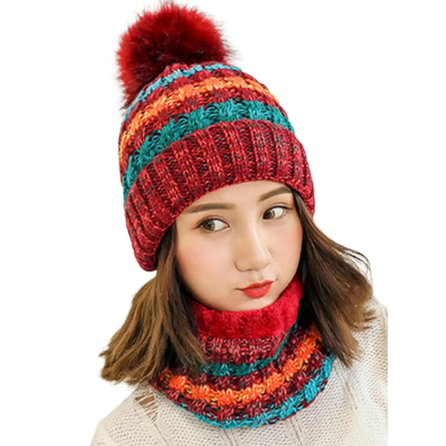 Beanie hat Winter Knitted Earflap Knit Fur Pompom Hat Children Fur Scarf Hat  Fleece Set 2 pieces