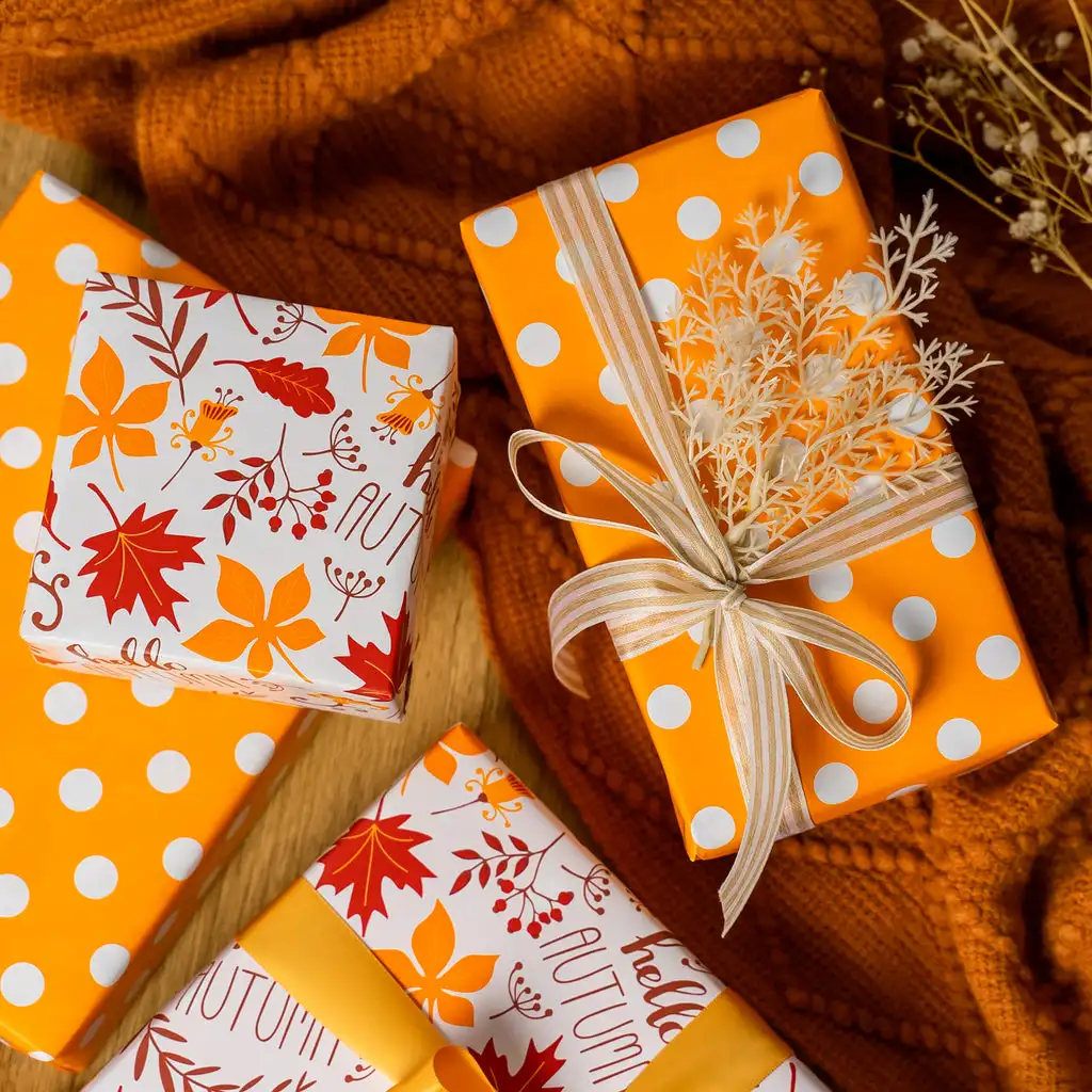 Maple Leaf and Orange Polka Dots Autumn Design Halloween Selection Design Printed Kraft Paper Roll For Flower And Gift Packing