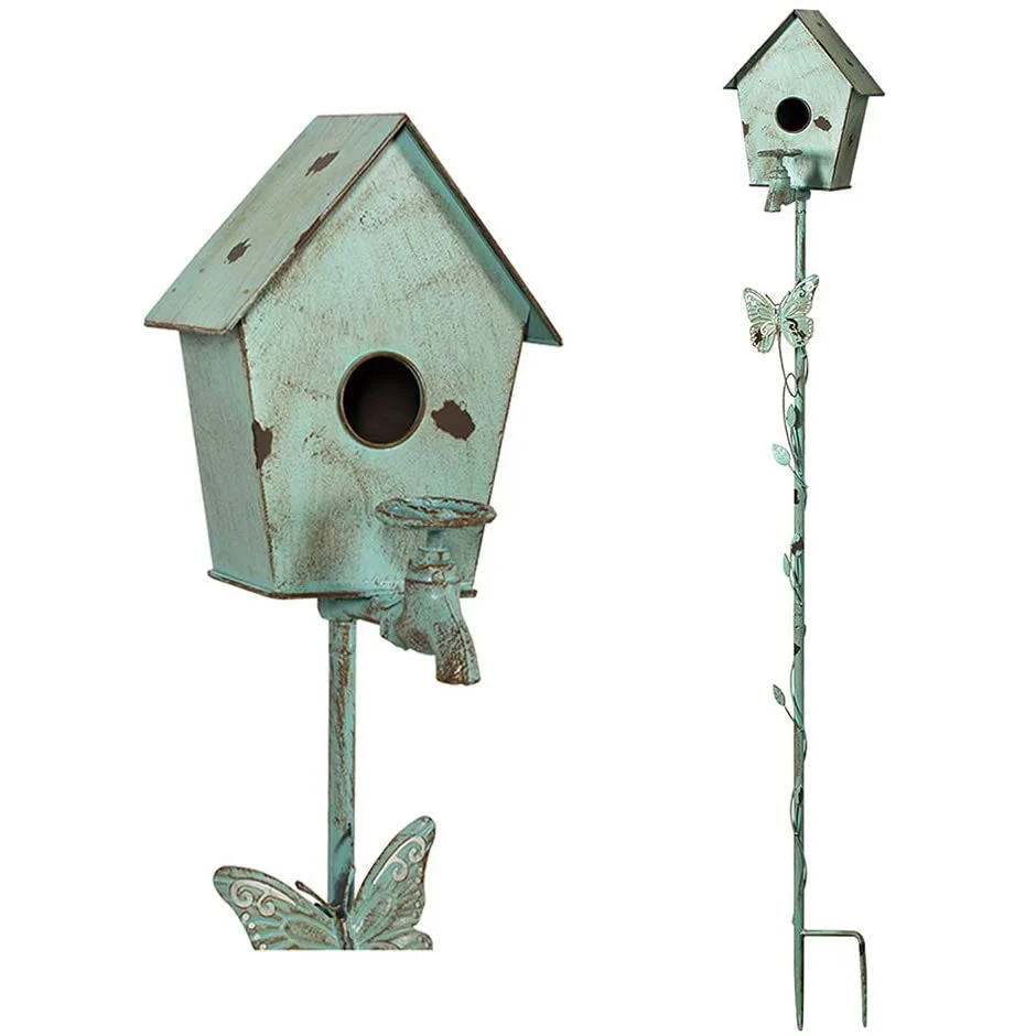 Bird House Stake with Pole for Outside Reclaimed Cast Iron Faucet with Butterfly Distressed Country Garden Metal Stake Decor