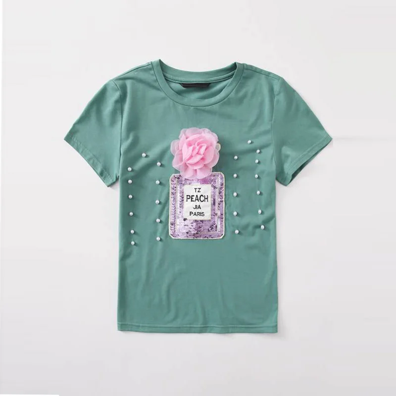 Custom Logo Female Beaded Detail Short Sleeve T-shirt Summer Floral Appliques With Pearls And Designs Hot Sale Cotton T-shirt