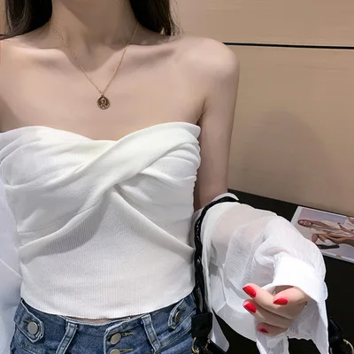 
2021 Sexy Bralette Top Lace Corset Strapless Crop Tops For Women Sleeveless Club Party Sheer Cupped Backless Tank Tops 