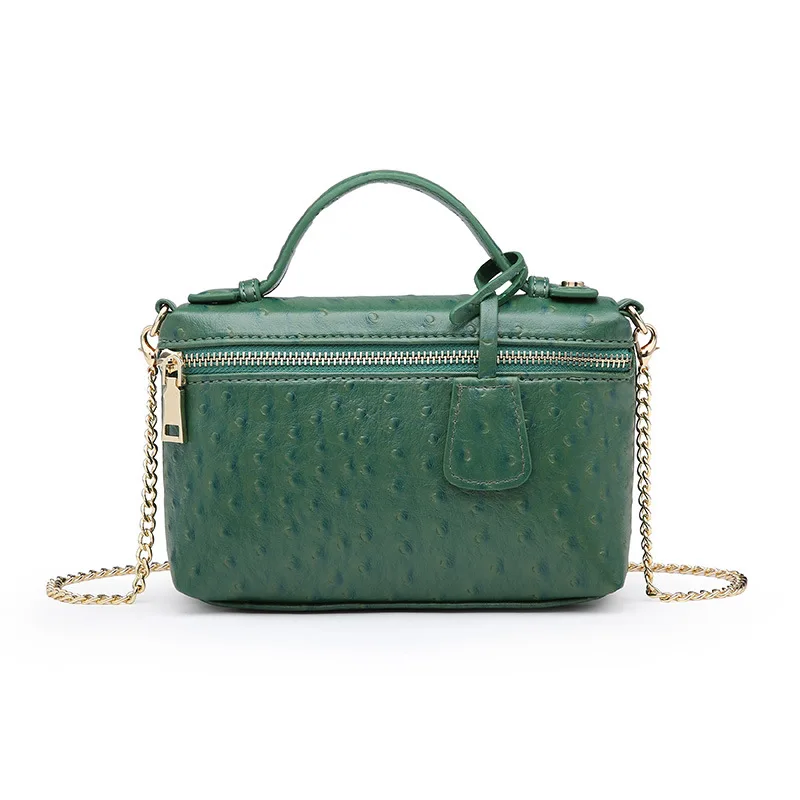 ostrich leather pattern print case shape pu leather cosmetic bag with chains