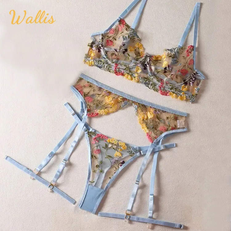 Women Sexy Embroidery Lace Transparent 3 Piece Garters Belt Fancy Intimate Erotic Brief Set Lingerie Costumes Underwear Set