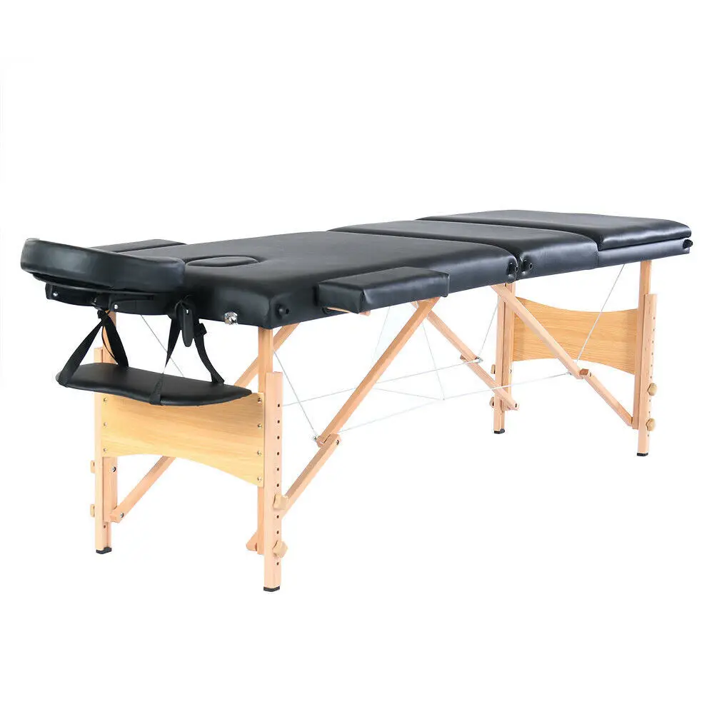 Folding Portable 3 Sections Beauty Salon Spa Massage Table Adjustable Height Wooden Legs Massage Bed