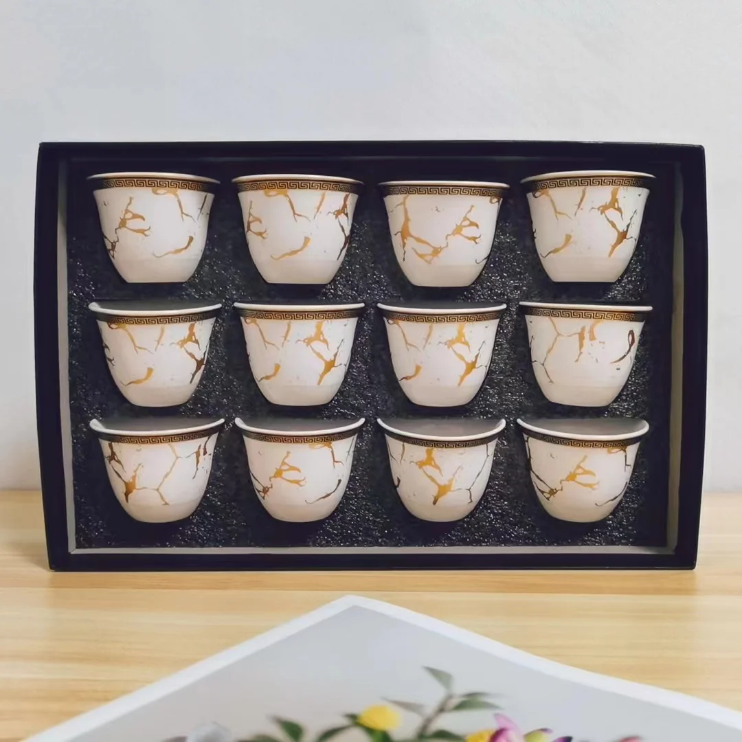 Gold Rim Gift Box Packaging New Bone Material Fancy 12 Pcs Porcelain Saudi Arabic Coffee Cups Cawa Cup Set