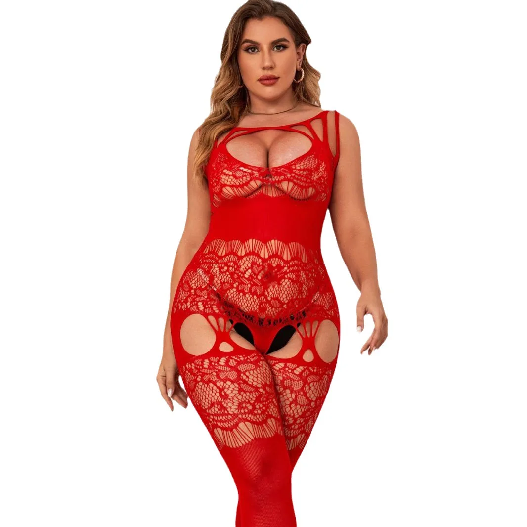 Big Red Plus Size Sexy Lingerie Sexy Hollow Sexy Pajamas Jacquard Fat Girl One-piece Net Lingerie