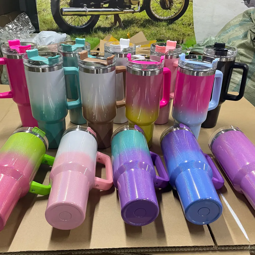 Wholesale Sublimation Gradient Ramp Glitter 40oz Tumbler Adventure Ombre Shimmer 40oz Travel Tumbler With Handle And Straw
