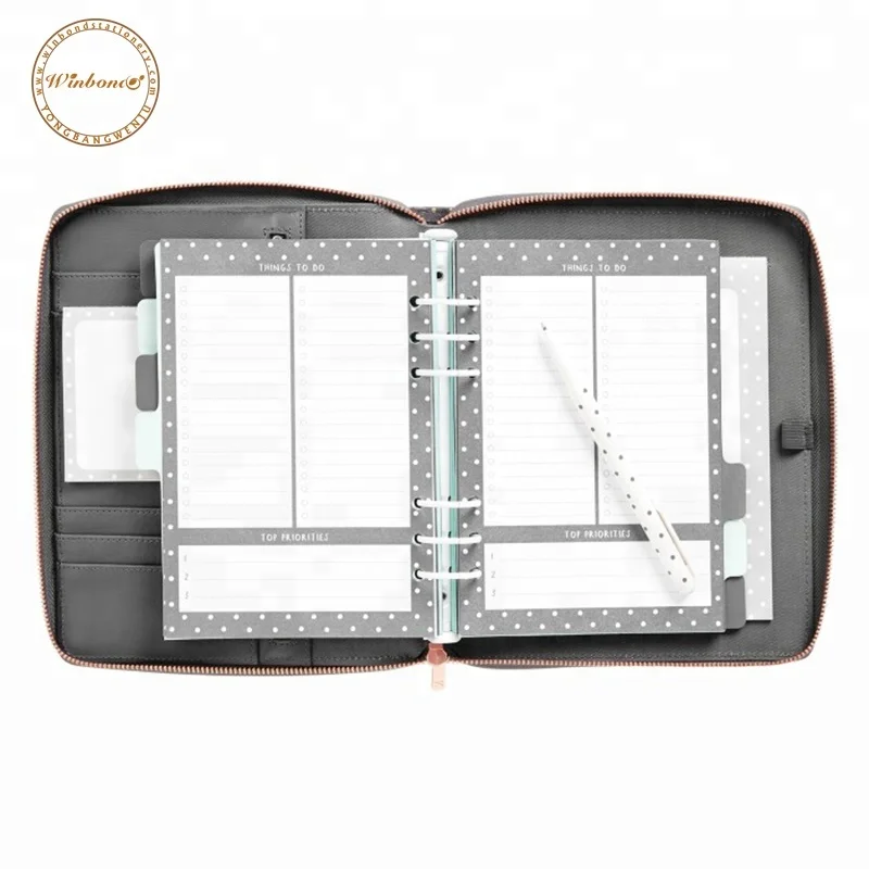 Unusual big-saving space zipper closure grey binder leather soft 6 ring planner cover