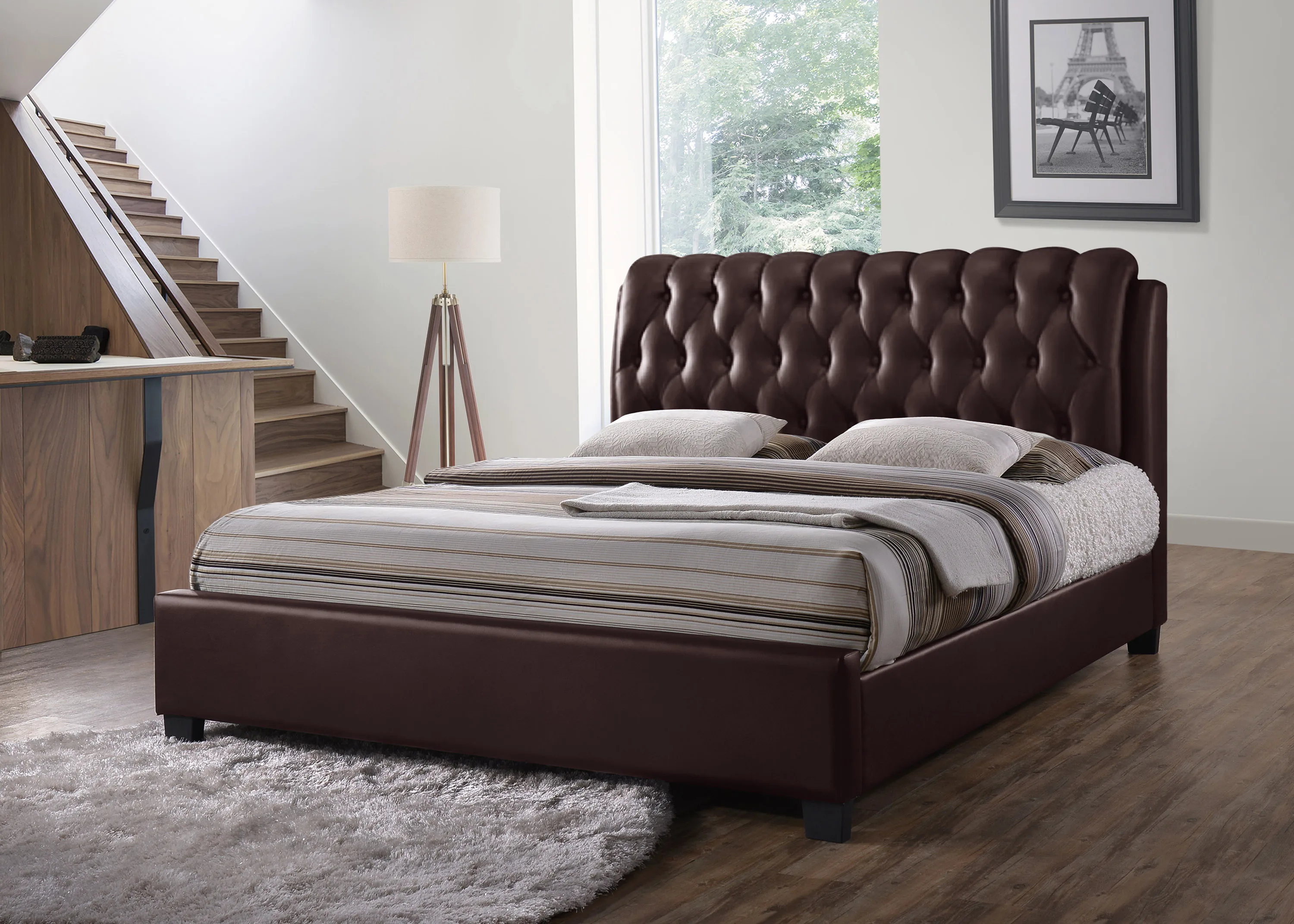 Best Selling Bedroom Furniture Premium Quality Upholstered Bed  Buttons Design In PVC Material Natural Brown Twin Size Bed