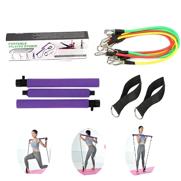 Customized Logo 3 section portable yoga pilates bar kit with resistance bands accessories exercise stick