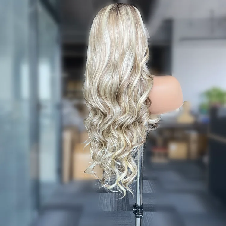 Long blonde wig Wave 13x4 heat resistant synthetic lace front wig curtain fringe