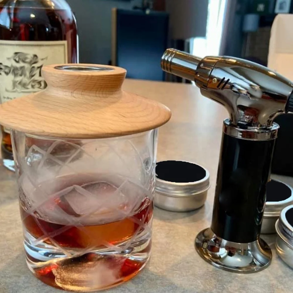 Old Fashioned Glass Cocktail Smoker Customizable Whiskey Kit with Wood Chips and Stone Cooler Bar Accessories Packaged in Box