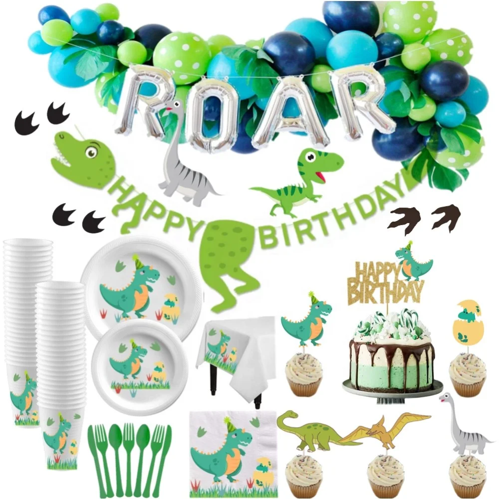 Dinosaur Birthday Theme Party Supplies Set Tableware Kit Disposable Paper Plates Balloons Napkins Tablecover Cups Knife spoons