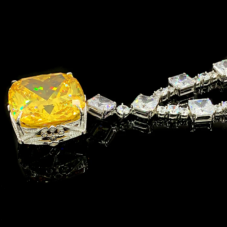 Luxury Simulated Diamond Super Big Gemstone Necklace 925 Sterling Silver Party Necklace Yellow Square Zircon Pendant Necklace