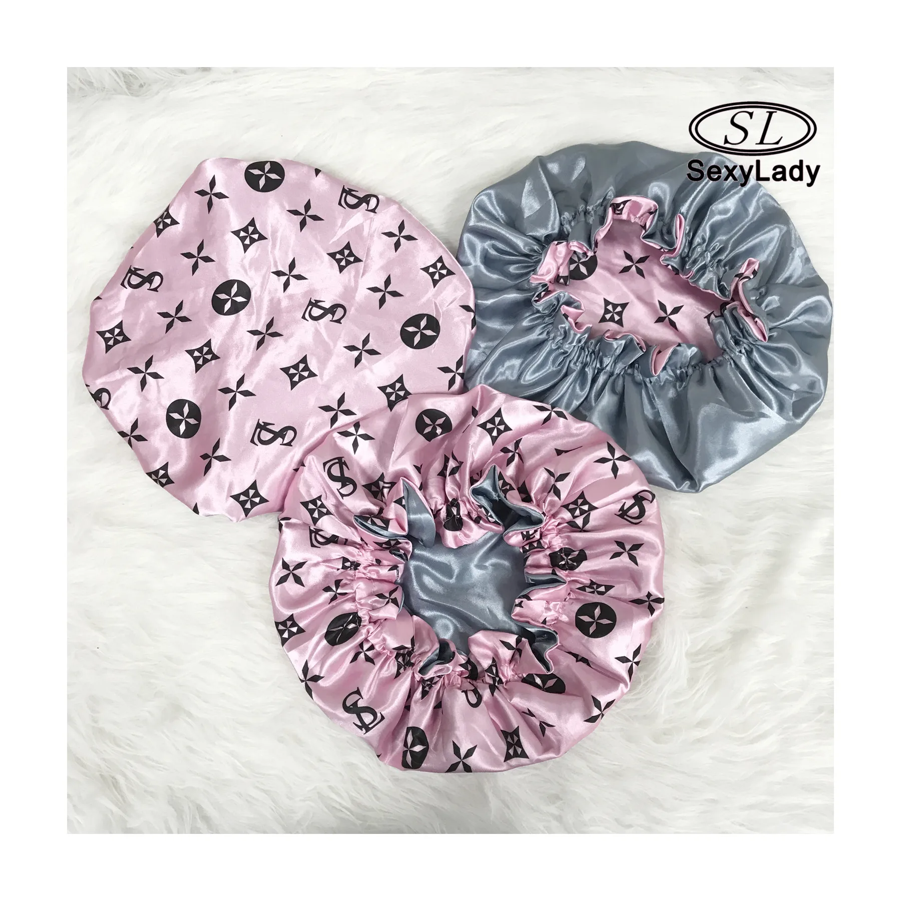 reversible  100% silk newest style with luxury lfancy pattern logo  hair bonnets Satin designer bonnet