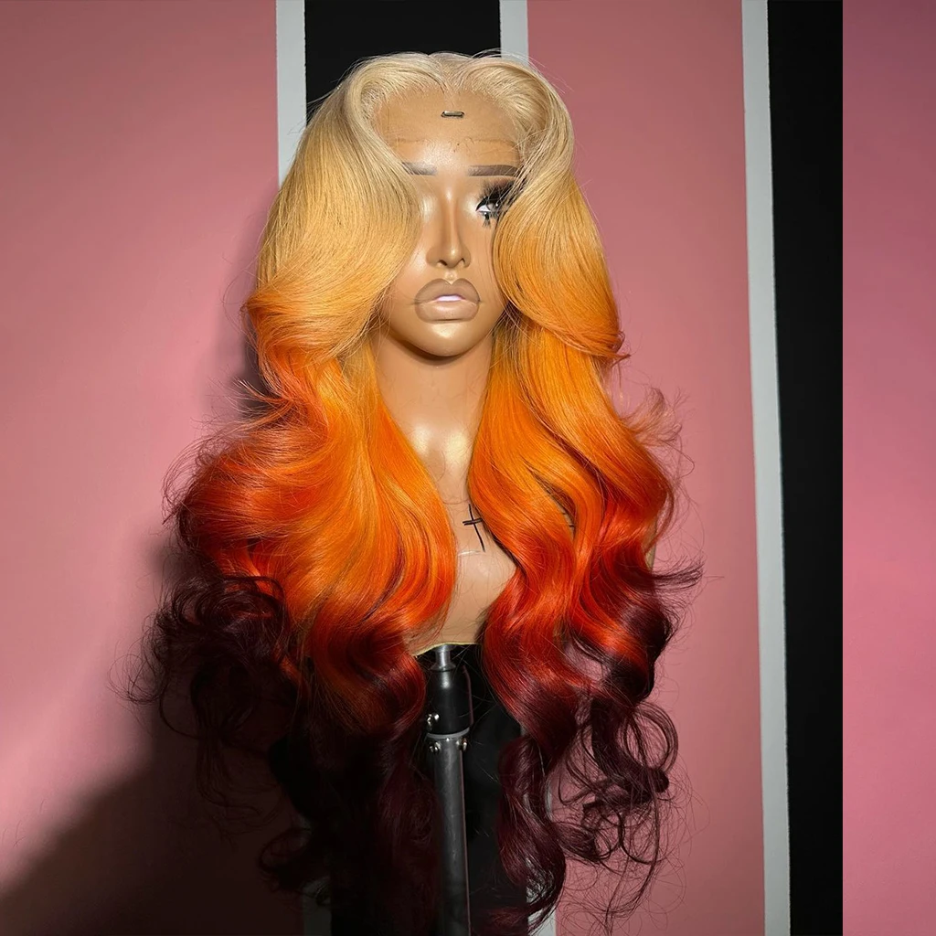 Женские парики с прозрачной фронтальной застежкой из 613/оранжевых/бордовых бразильских волос средней части волнами 10-30 дюймов