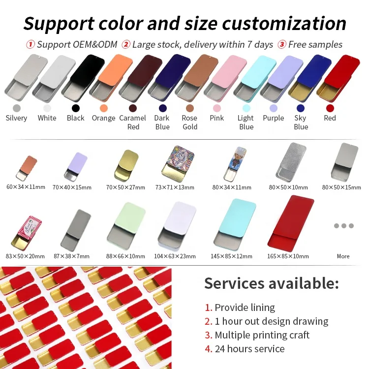 New Products Lip Balm Sliding Tin Box Rectangular Embossed Metal Small Slide Top Mini Metal Tins For Mint Candy